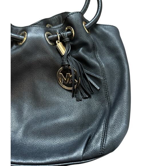 Michael Kors Black Gold-Tone Hardware Tasseled Leather Top Handle Bucket Bag - Picture 6 of 15